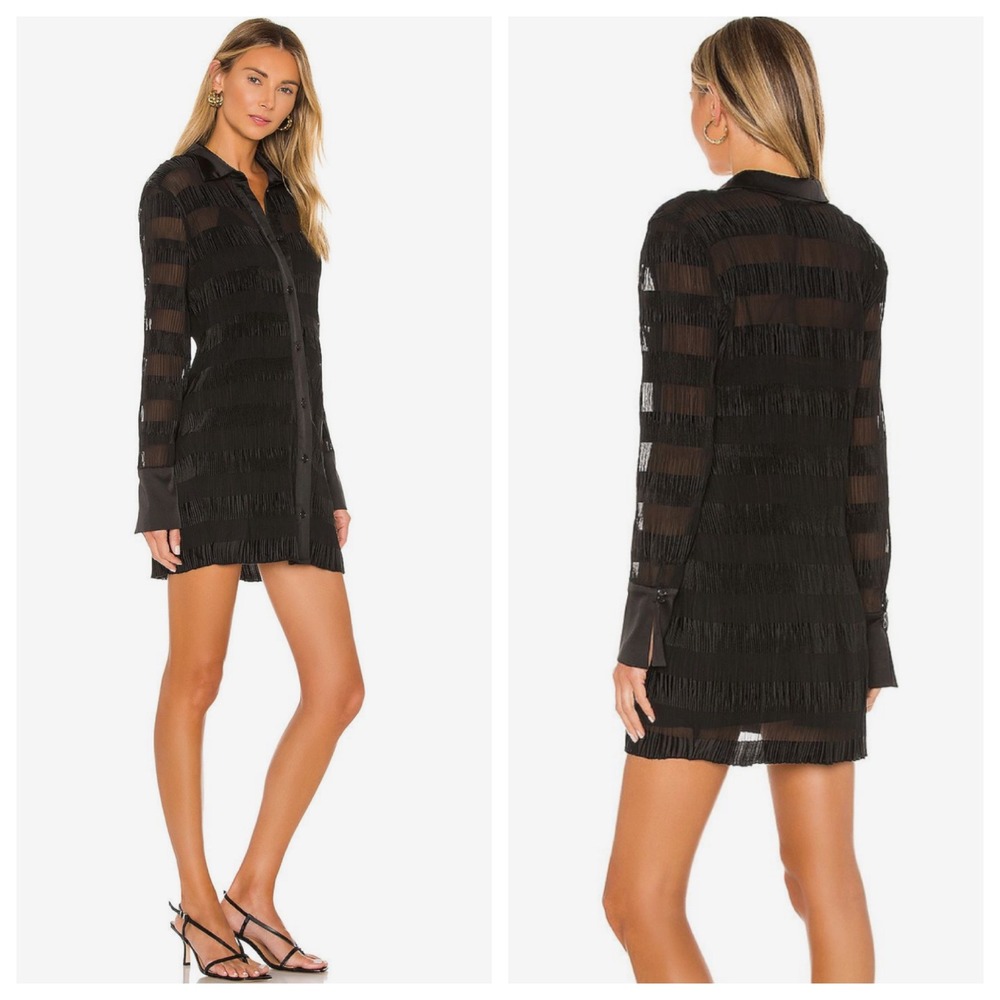 L'Academie Black Fringe Shirt Dress Button Front‎ Long Sleeve Mini Size XXS NWT